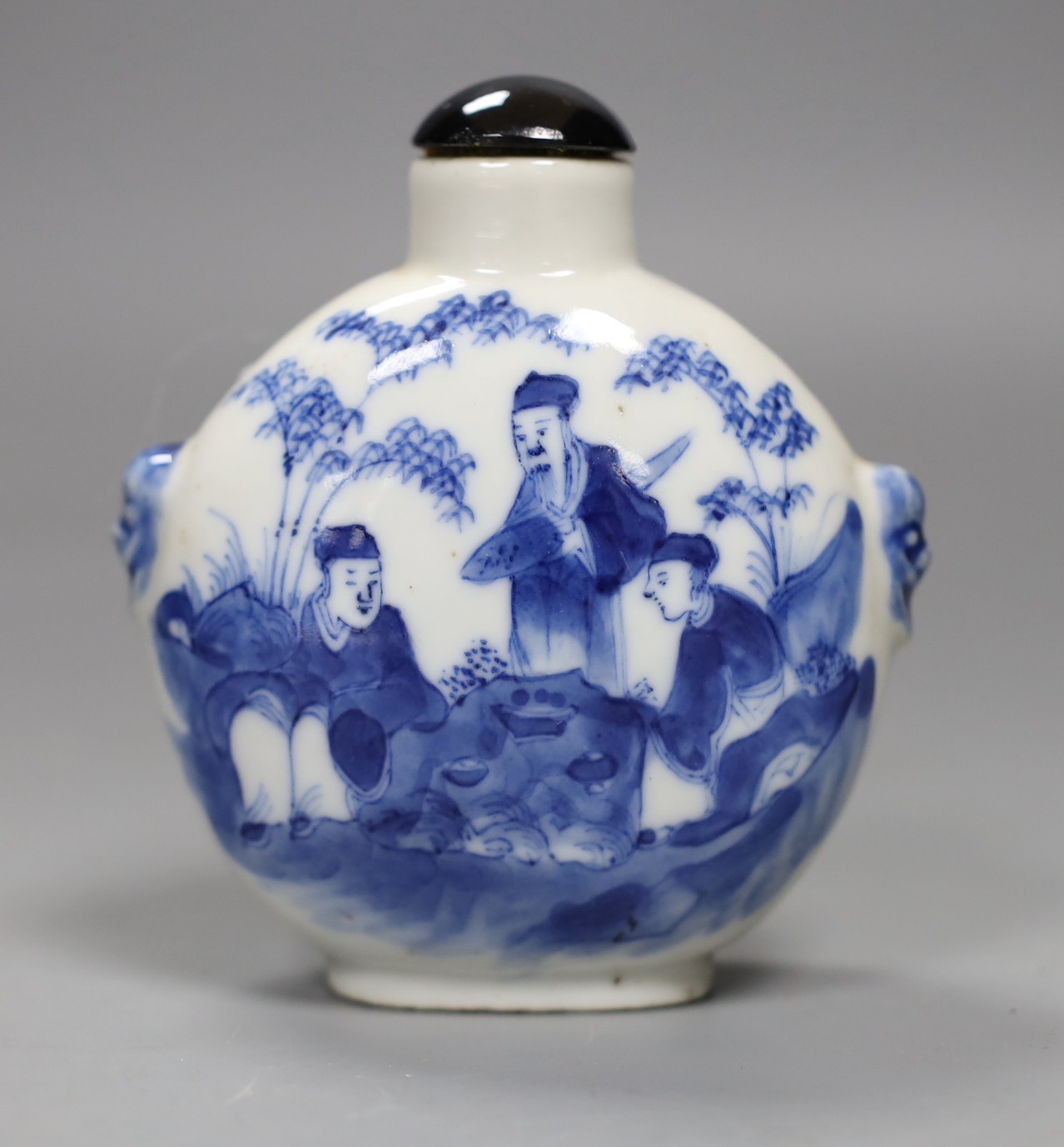 A large Chinese blue and white ‘scholars’ snuff bottle, 19th century, 9 cm high excluding later stopper